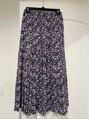 Floral Tiered Midi Skirt - Black with Purple & Pink Flowers